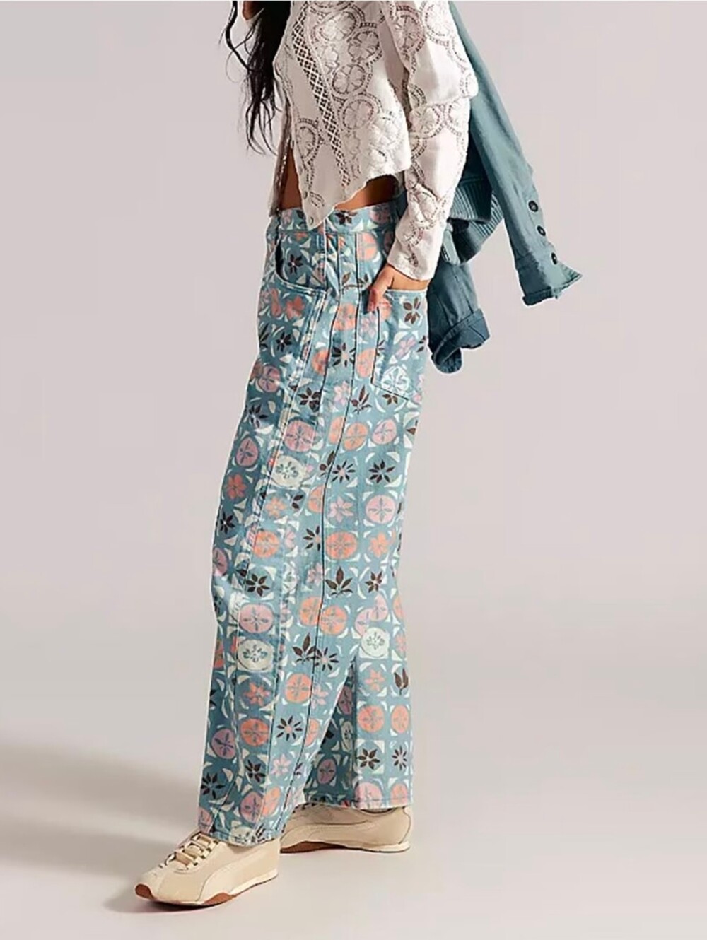 We The Free Good Luck Printed Barrel Jeans Women's 31 Jade Combo Ditsy Block NWT - Picture 4 of 7